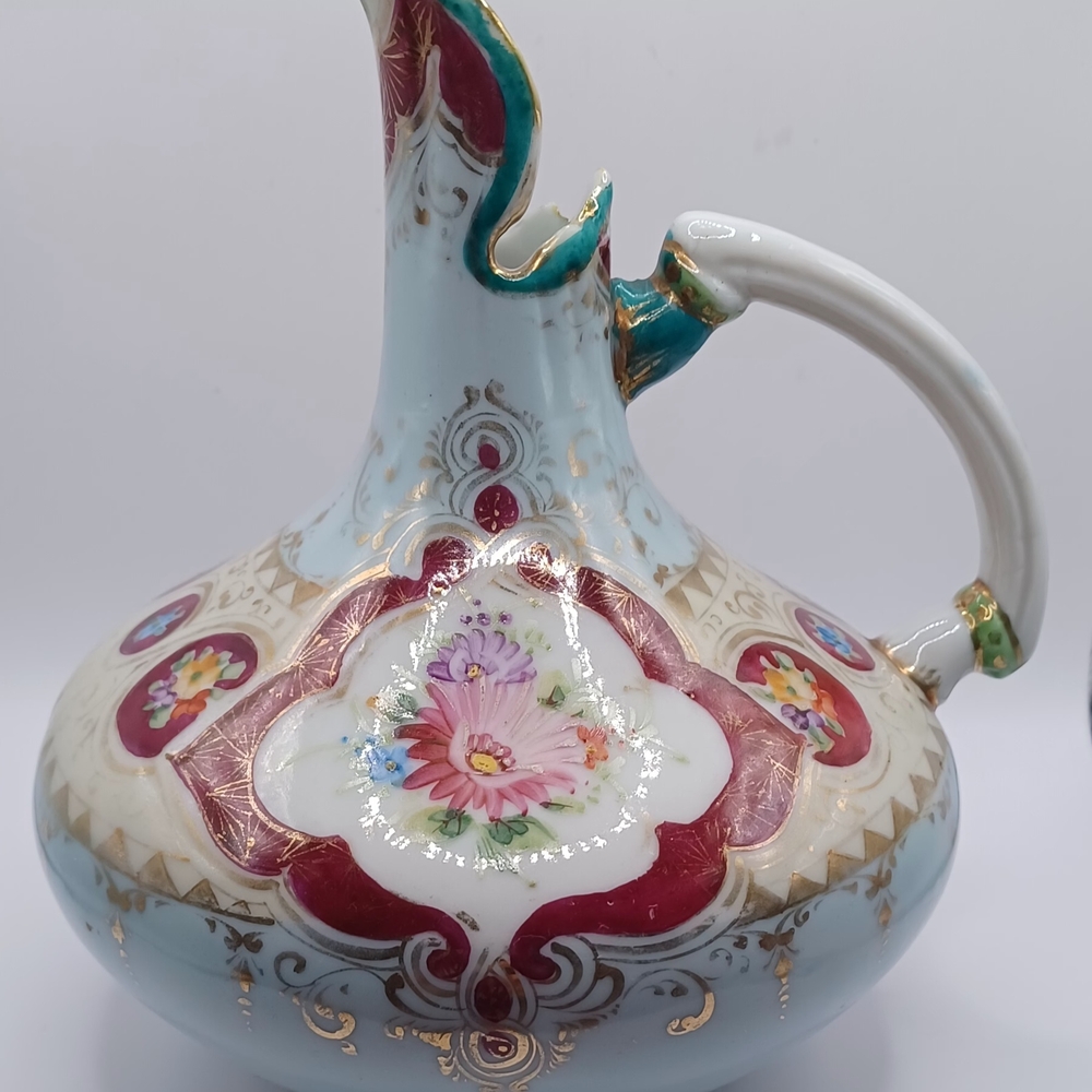 Antique Nippon Moriage Porcelain Ewer or Pitcher with Gold Gilt & Handle